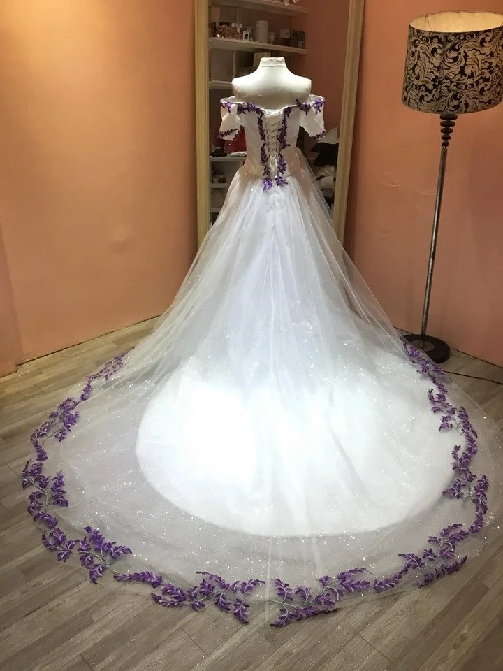 White wedding dress with purple butterflies on sale